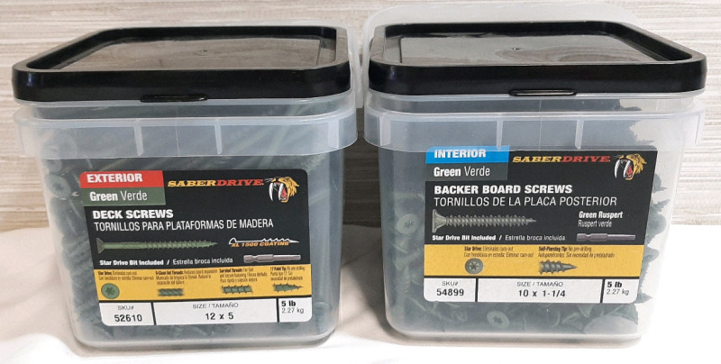 2 New 5lb Tubs of SaberDrive Deck Screws & Backer Board Screws
