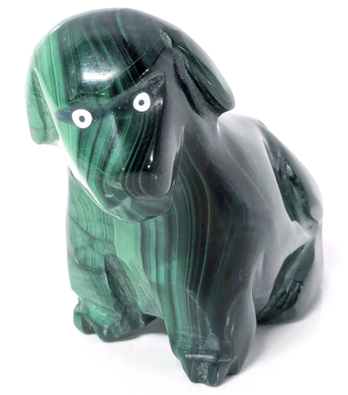 Stunning Vintage MALACHITE Carved Stone Dog Figure - 2" Tall