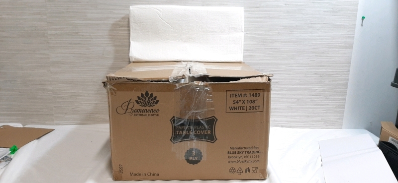 New Box of Prominence Paper & Plastic 3 Ply Table Covers, Estimated 24pcs