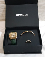 New Nova Men Rectangular Leather Bound Wrist Watch, Bracelet and Ring