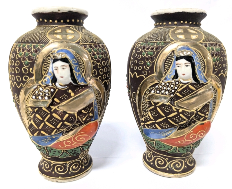 Gorgeous Pair Vintage Mini Satsuma-Style Vases Made in Japan Intricate Textured Detailing - 5" Tall ea