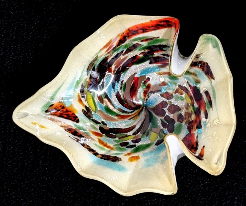 Vintage Venetian Murano Art Glass Fish Shaped Bowl with Original Sticker - 9" x 7.75"