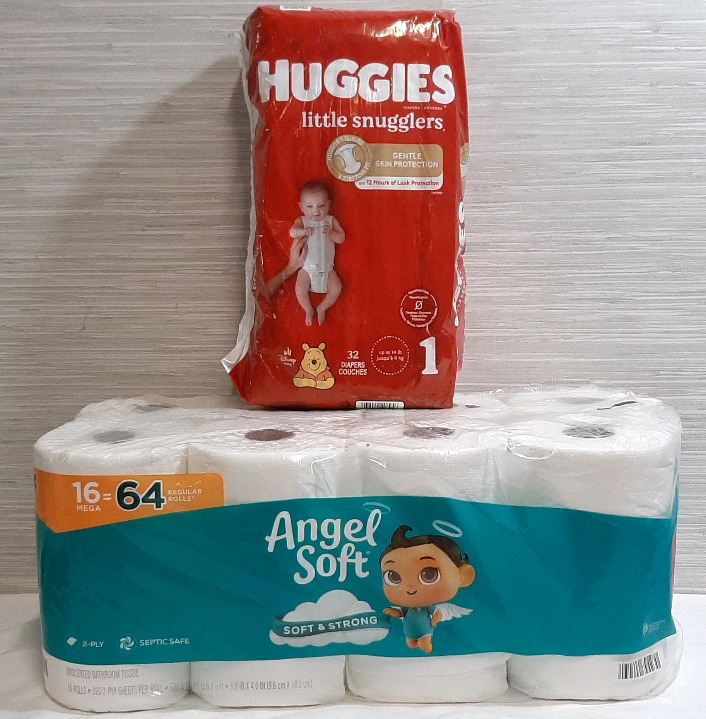 Pack of Angel Soft Toilet Paper (16 Mega Rolls) & Pack of Huggies Little Snugglers Diapers (32)
