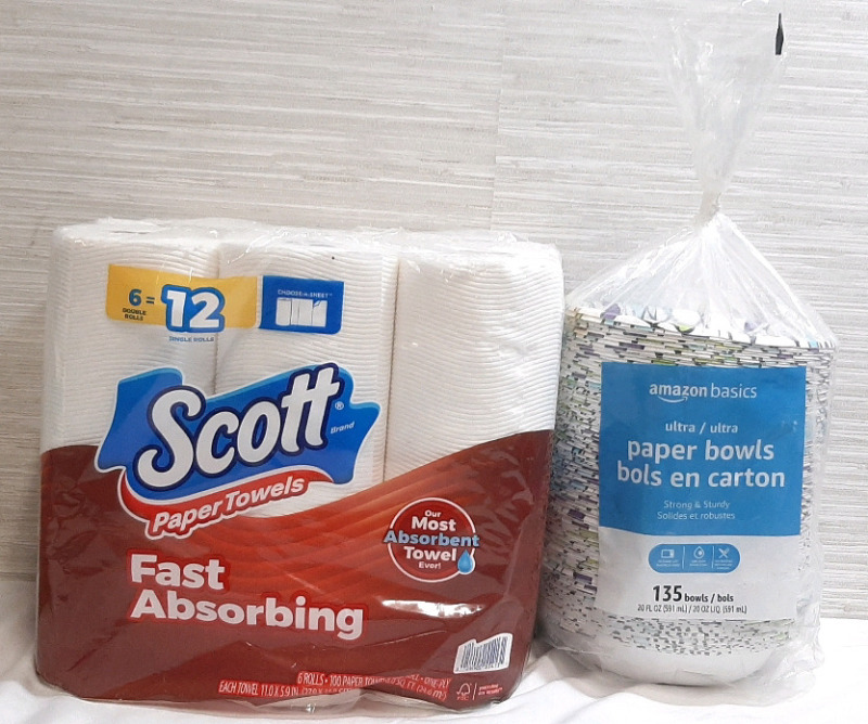 New Pack of Scott Paper Towels, 6 Double Rolls & Bag of Amazon Paper Bowls, 135 in Total