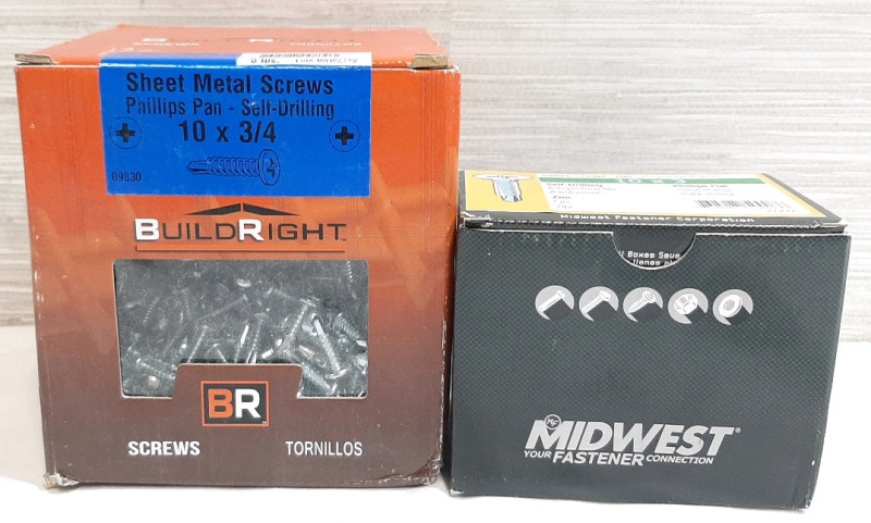 New Box of BuildRight Sheet Metal Screws (Aprx 700pcs) & Midwest Zinc Self-Drilling (100pcs)