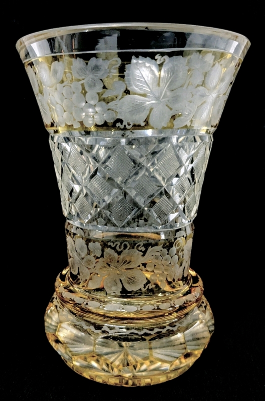 Vintage Bohemian Etched Grape Vines Cross Cut Amber Flash Glass Vase - 6.5" Tall