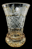 Vintage Bohemian Etched Grape Vines Cross Cut Amber Flash Glass Vase - 6.5" Tall