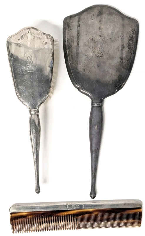 BIRKS STERLING 3-Piece Dresser Vanity Set : Brush, Mirror & Comb - Up to 12" Long