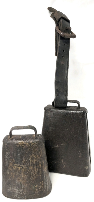 2 Vintage (Possibly Antique) Large Loud Cow Bells incl One with Thick Heavy Duty Leather Strap - 5.5" - 6.75" Tall