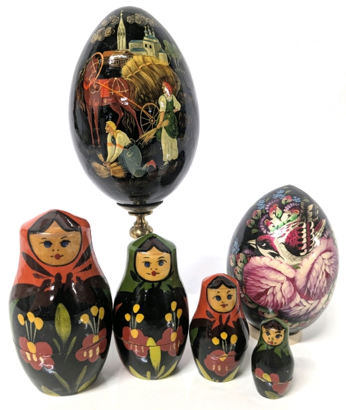 2 Vintage Signed Handpainted Russian Folk Eggs (1 on Brass Stand) & Russian-Style Nesting Dolls - Egg on Stand 7.4" Tall