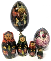 2 Vintage Signed Handpainted Russian Folk Eggs (1 on Brass Stand) & Russian-Style Nesting Dolls - Egg on Stand 7.4" Tall