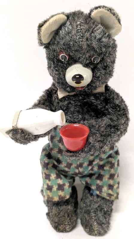 Vintage Japan Wind Up Mechanical Milk-Drinking Bear Toy - 9" Tall - Works!