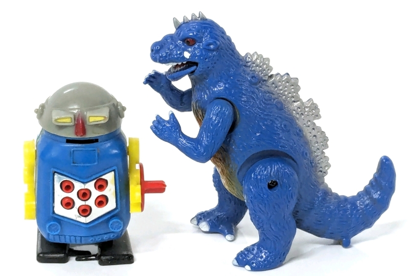 2 Vintage Wind-Up Toys : Star Fleet Robot with "Walking & Sparking Action" Hong Kong Godzilla-Style Kaiju "Walking with Mouth Opening Action" - Up to 4" Tall