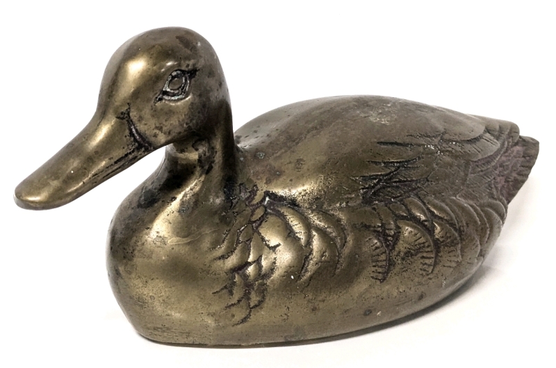 Vintage Life-Sized Solid Brass Duck Figure Paperweight - 12" x 4.25" x 4.75" Tall