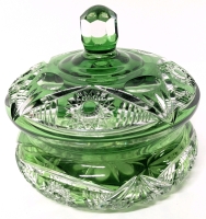Gorgeous Bohemian Emerald Green Cut to Clear Crystal Pinwheel Lidded Candy Dish - 5.25" Tall