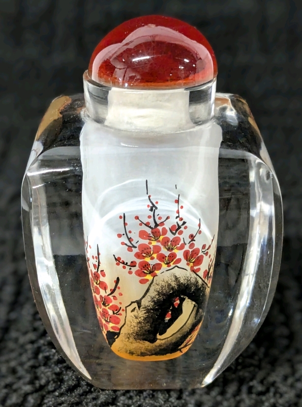 Gorgeous Vintage Reverse-Painted Chinese Glass Snuff / Perfume Bottle with Stopper Intact - 3.25" Tall