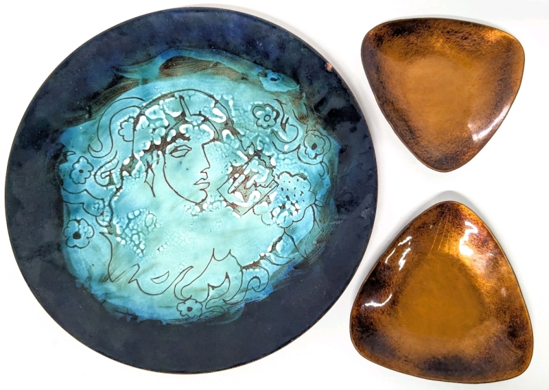 3 Signed E. STOCK Enamel Copper Dishes : Woman Line Art on 8.5" Round Plate & 2 Triangular Dishes
