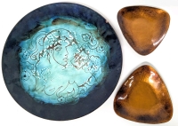 3 Signed E. STOCK Enamel Copper Dishes : Woman Line Art on 8.5" Round Plate & 2 Triangular Dishes