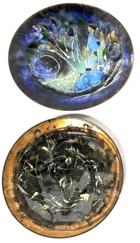 2 Signed ELLEN Enamel on Copper Sculptural Textured Decorative Dishes - 7" - 8.75" Diameter