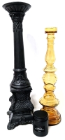 23" Tall Orange Pedestal, 19.25" Tall Amber Candle Holder & New CRAFT & KIN "Fireside" 216g Candle (Notes of Cedar, Smoke, Patchouli, Vetiver)
