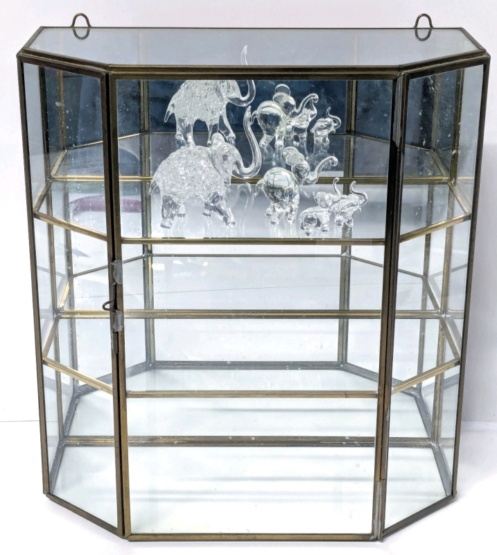 Vintage BrassArts Canada Handmade Brass & Glass Small Display Case / Curio Cabinet (9" x 4" x 9.75") with 4 Boroscilate Glass Lucky Elephants (1" - 2.25")