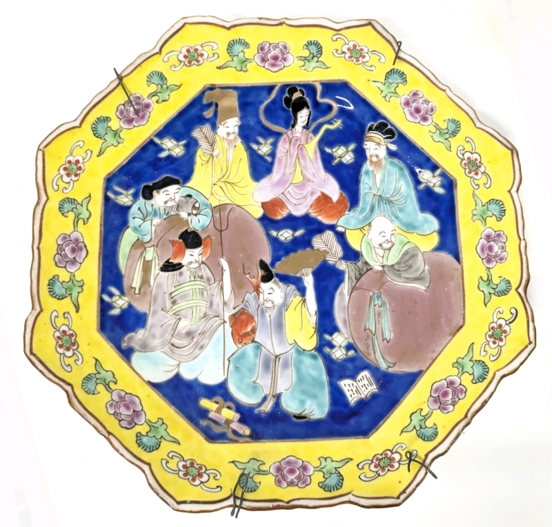 Very Likely Antique Chinese Immortals Gods Rose Hand Painted Enamel Octagonal Porcelain Plate - 11" Diameter