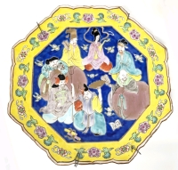 Very Likely Antique Chinese Immortals Gods Rose Hand Painted Enamel Octagonal Porcelain Plate - 11" Diameter