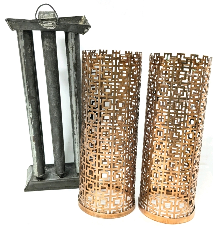 Vintage Tin Candle Mold (11.25" Tall) & 2 MCM Copper Candle Covers (9" Tall. 3.2" Diameter)