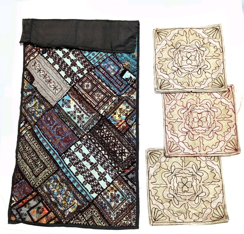 Colorful Vintage Patchwork Table Runner with Embroidered Details (27" x 54") & 3 Intricately Embroidered Square Pillow Cases (15" x 15")