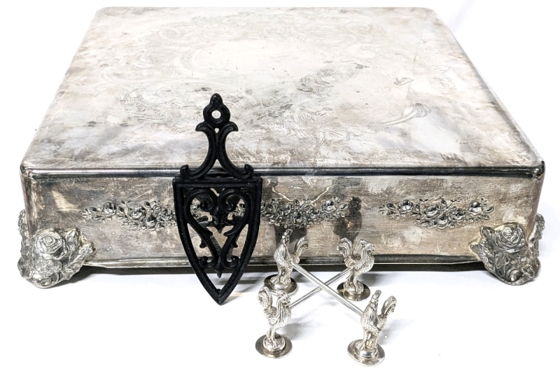 Silver Plated Elegance Cake Stand (14.25" x 14.25"), 2 Silver Plated Rooster Knife Rests (Marked T.B. England EPNS) & Small Cast Iron Trivet 5.6" Long