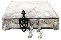 Silver Plated Elegance Cake Stand (14.25" x 14.25"), 2 Silver Plated Rooster Knife Rests (Marked T.B. England EPNS) & Small Cast Iron Trivet 5.6" Long