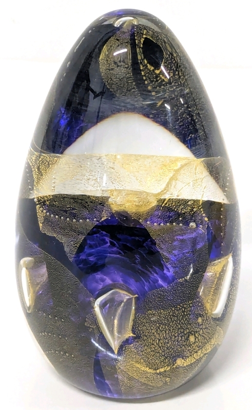 Signed Gorgeous Gold Leaf Amethyst Purple Art Glass Egg Paperweight - 4.25" Tall