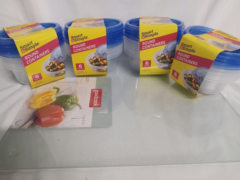 5 New | Kitchen Lot | Includes 4 packs of 6 Round Containers & 1 Goodcook Tempered Glass Cutting Board