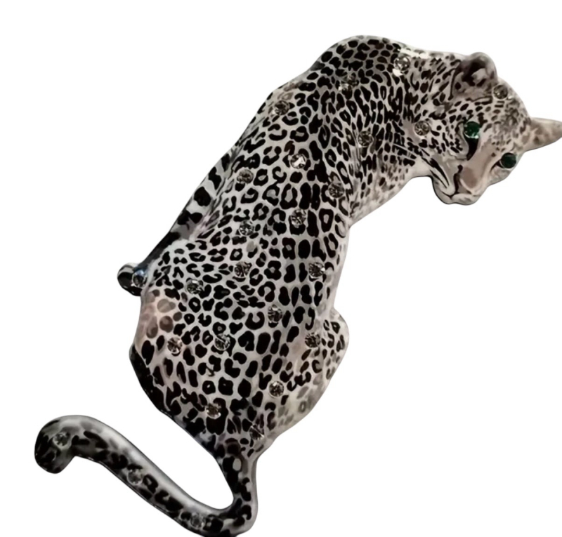 Leopard Brooch Elegant Acrylic Mosaic Design Approximately 1.7 x 3.5 Inch Green Rhinestone Eyes