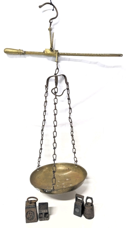 Absolutely Stellar Vintage B1951 E.M. Brass Hanging Scale with 4 Weights (1-2lbs) - 30" Long when Hung