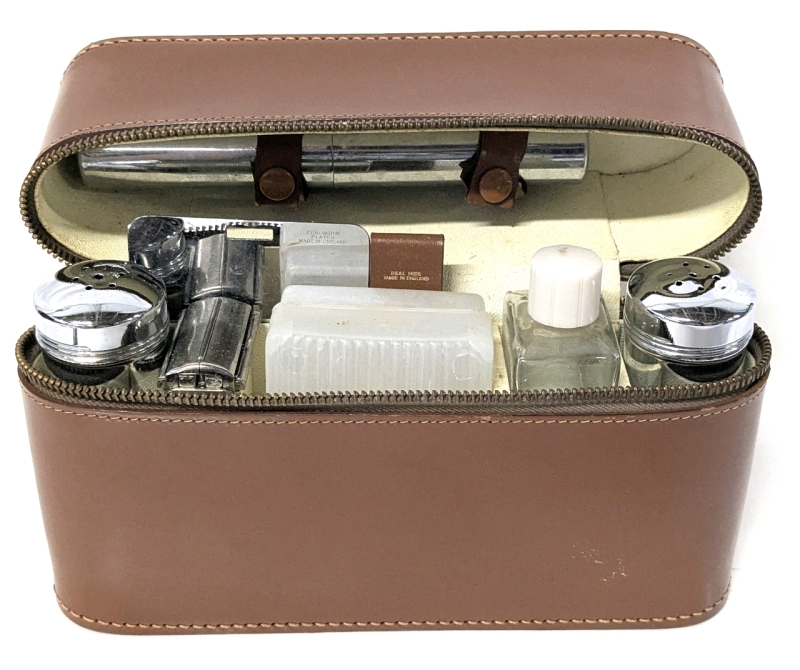 Vintage Traveling Grooming Set Made in England with Chromium Plated Accessories in Real Hide Leather Case : 8.75" x 2.15" x 6.25"