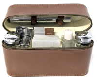 Vintage Traveling Grooming Set Made in England with Chromium Plated Accessories in Real Hide Leather Case : 8.75" x 2.15" x 6.25"