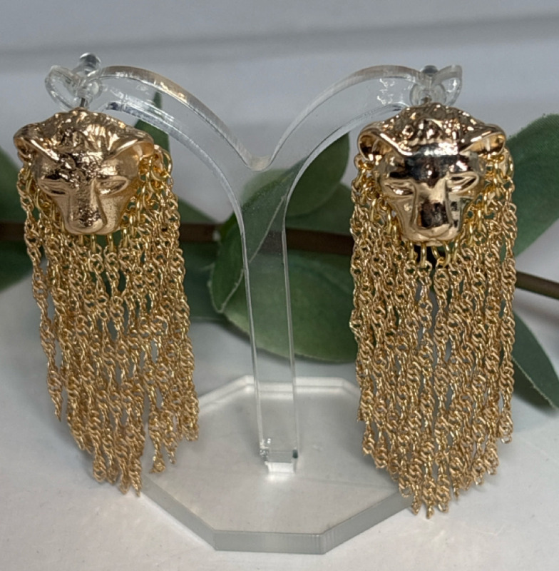 Pair of Elegant Lion Head Dangle Earrings Stylish Chains Approximately 2.5 x .87 Inch