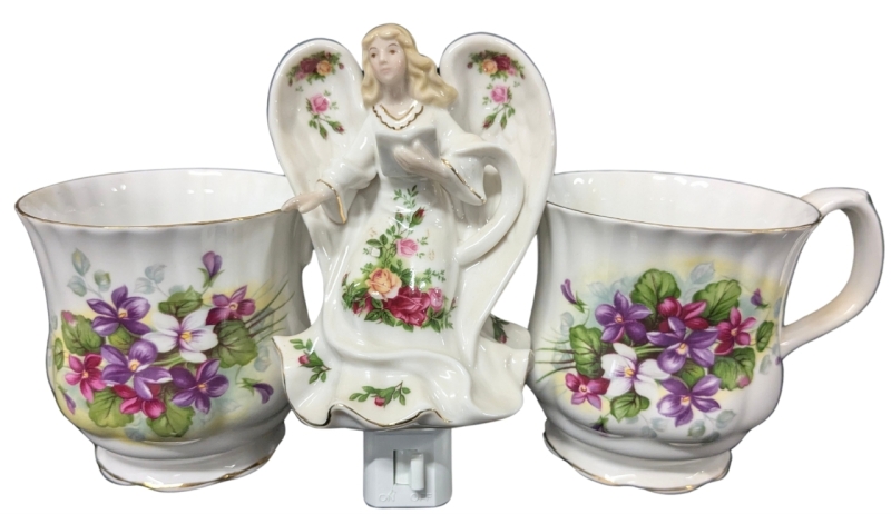 3 Pieces ROYAL ALBERT Bone China - 1962 OLD COUNTRY ROSES Angel Night Light & 2 Coffee Cups with Violets