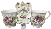 3 Pieces ROYAL ALBERT Bone China - 1962 OLD COUNTRY ROSES Angel Night Light & 2 Coffee Cups with Violets