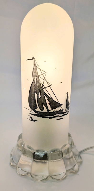 Vintage Frosted Glass Torpedo Lamp with Sailboats - 9.5" Tall