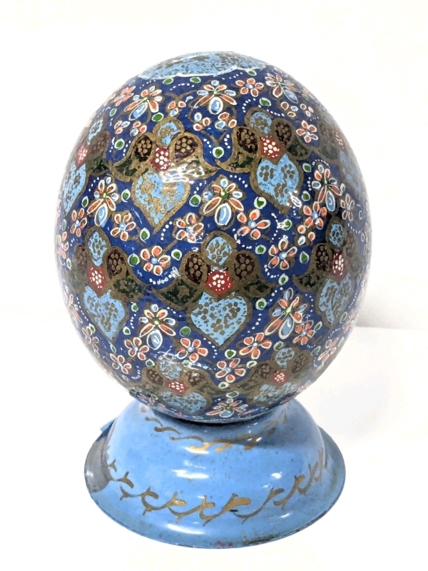 Vintage Hand Painted Real Ostrich Egg on Metal Stand - 7" Total Height