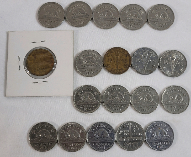 1937 - 1952 Canadian King George VI 5 Cent Nickels , Complete Set . Consecutive Years , Including 42' Tombac , 47* & 51' Commemorative