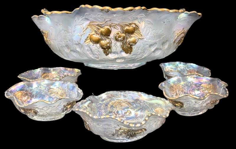 Vintage Iridescent Carnival Glass Gold Gilt Cherry Detail Berry Bowl with 5 Berry Dishes - Largest 10" x 13" x 4" Tall