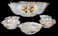 Vintage Iridescent Carnival Glass Gold Gilt Cherry Detail Berry Bowl with 5 Berry Dishes - Largest 10" x 13" x 4" Tall