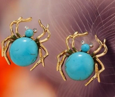 Spider Stud Earrings 14K Golden Plated Copper with Turquoise Mosaic 925 Sterling Silver Posts Rhinestone Eyes / Approximately 1 x .93 Inch