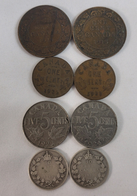 1916 - 1933 Canadian King George V Coin Lot . 1916 & 1919 Silver Dimes - 1922 & 1924 Nickels - 1916 & 1918 Large Pennies - 1932 & 1933 Small Pennies