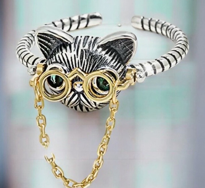 925 Pure Silver Cat Doctor Glasses Adjustable Chain Ring Size Adjustable Stamped
