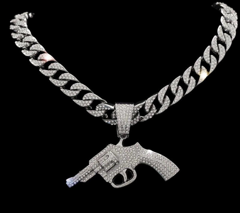 Bold Revolver Pendant Necklace Revolver Pendant Necklace Cuban Link Design Rhinestones