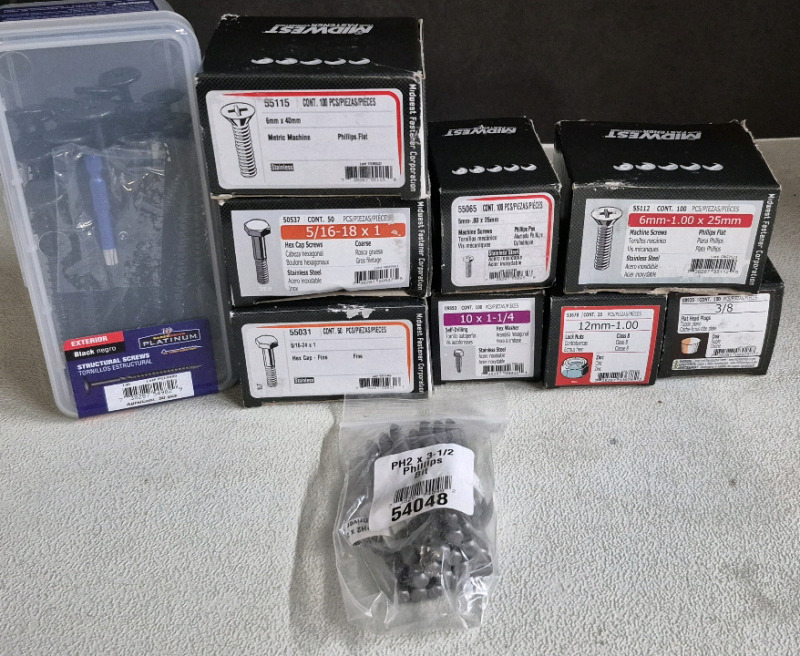 10 New Packs of Hardware Screws, Bolts, Lock Nuts, Phillips Bits 3.5 +